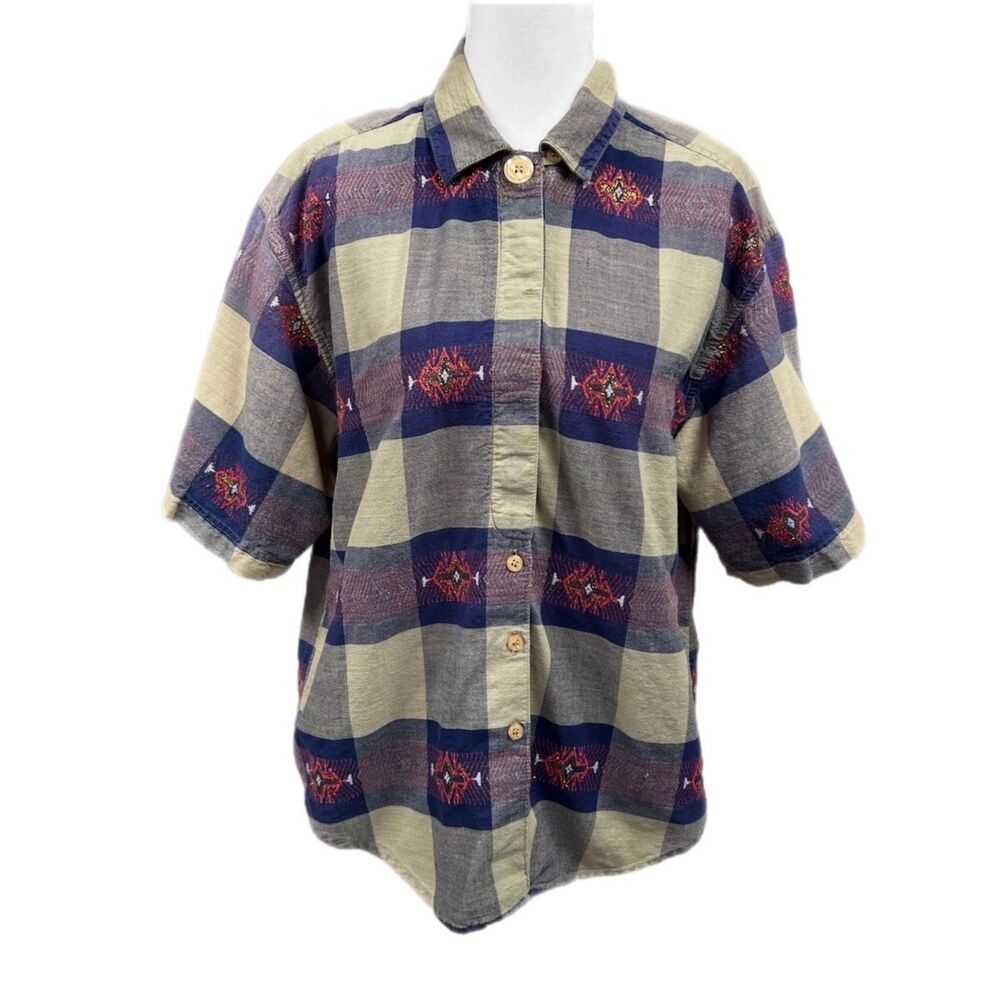 Vtg Angelique Western Hidden Button Up Short Sleeve Plaid Shirt Sz M Metallic